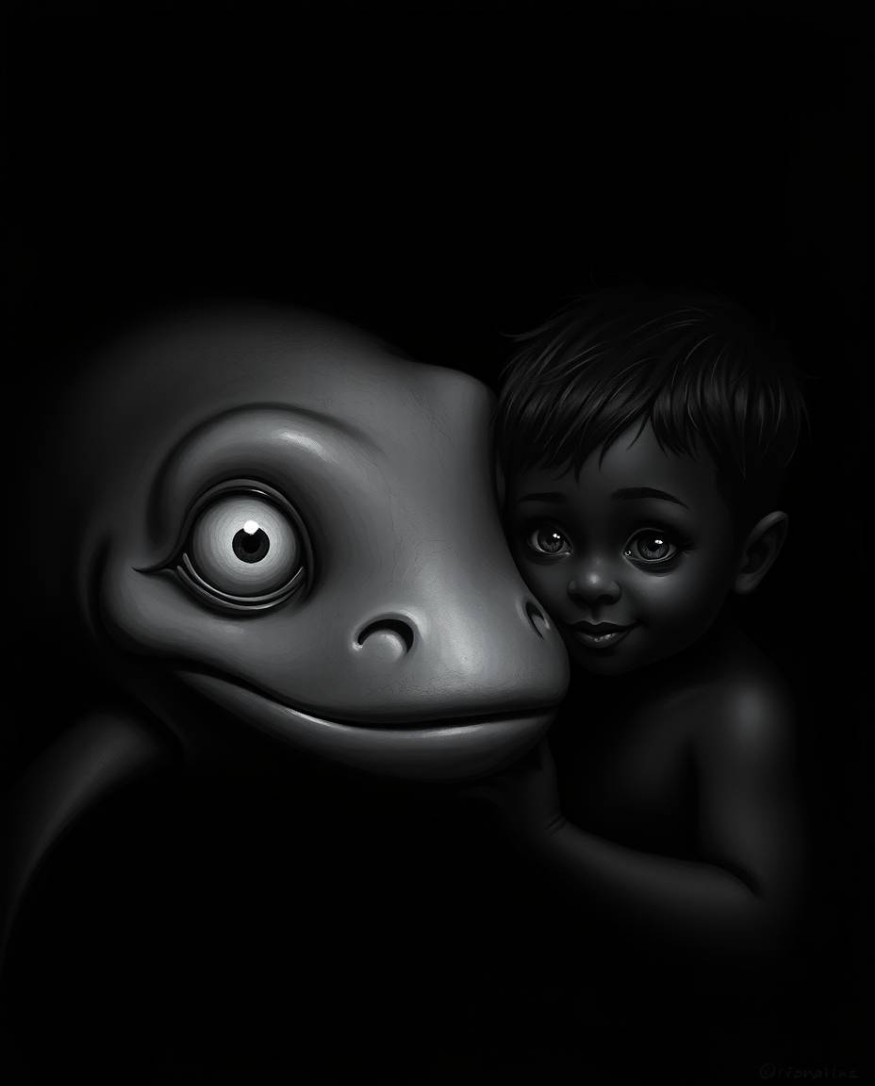 A captivating monochrome artwork depicting an unlikely friendship between a smooth-skinned sea creature with gentle eyes and 