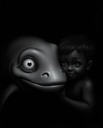A captivating monochrome artwork depicting an unlikely friendship between a smooth-skinned sea creature with gentle eyes and
