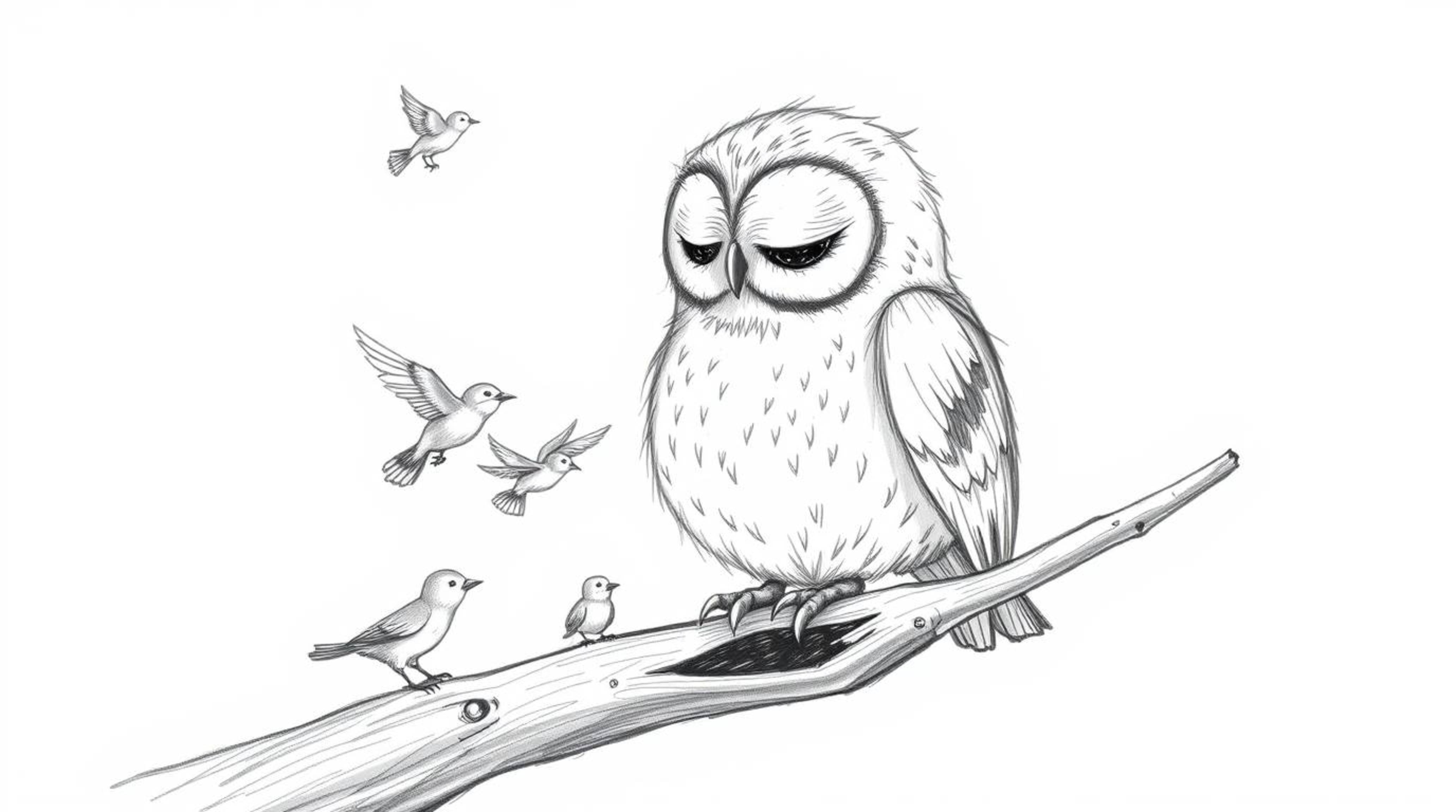 A heartwarming hand-drawn sketch in Pixar style showcases a blind owl, its soft feathers rendered with delicate pencil stroke