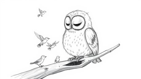 A heartwarming hand-drawn sketch in Pixar style showcases a blind owl, its soft feathers rendered with delicate pencil stroke