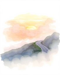 A delicate watercolor painting captures a winding coastal highway at sunset, where a thick fog obscures details, creating an 