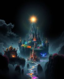 Experience an ethereal spiritual vibe with intense jet black hues and deep shadows, set against a colorful kingdom filled wit