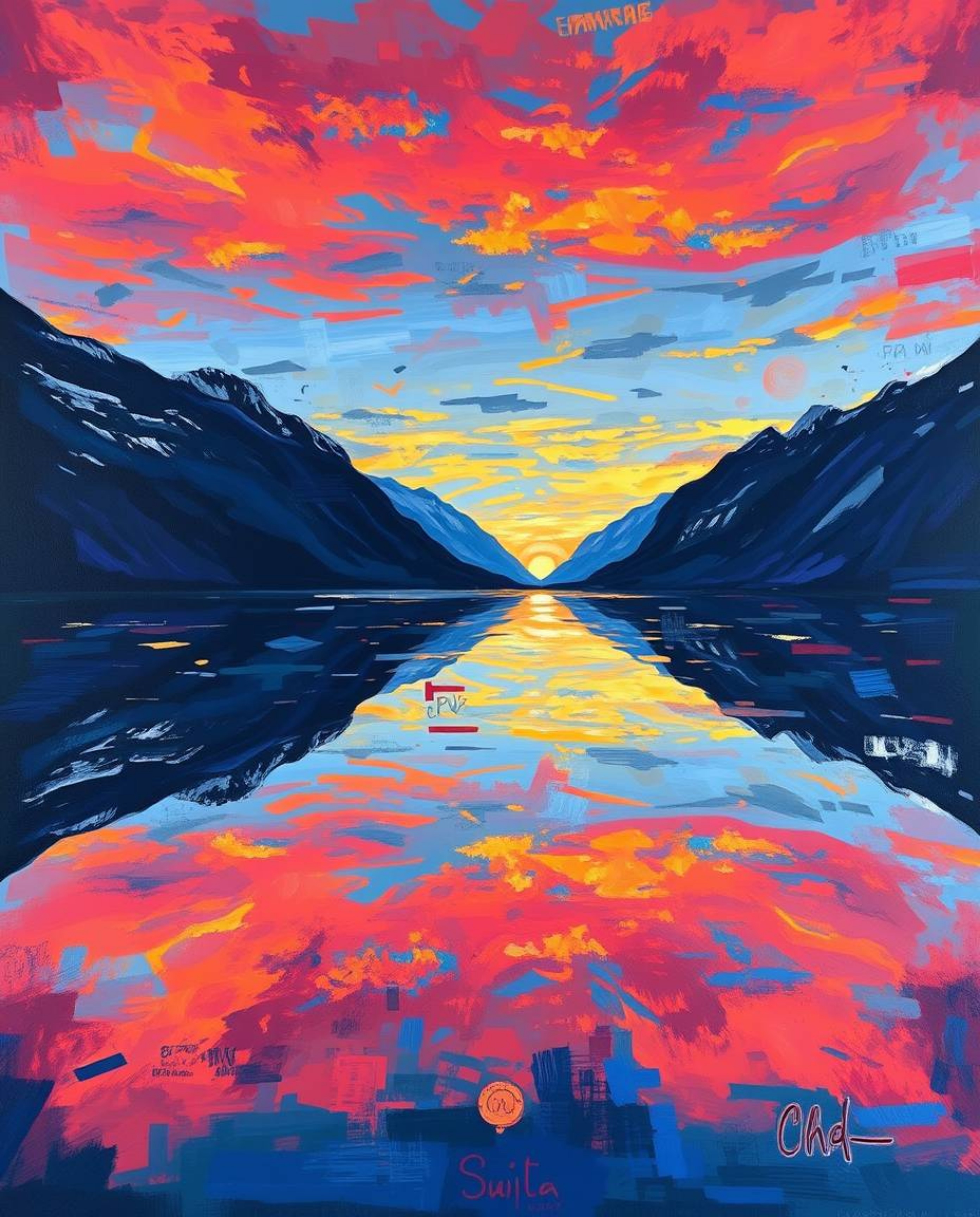 A surreal bird’s-eye view illustration of a glassy fjord reflecting a sunset. This artwork incorporates fantastical elements 