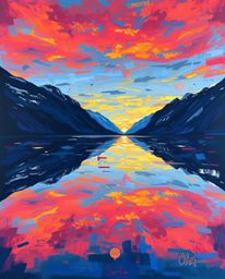 A surreal bird’s-eye view illustration of a glassy fjord reflecting a sunset. This artwork incorporates fantastical elements 