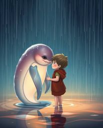 A heartwarming scene depicts a translucent sea creature forming an unlikely friendship with a child during a gentle rain. Th