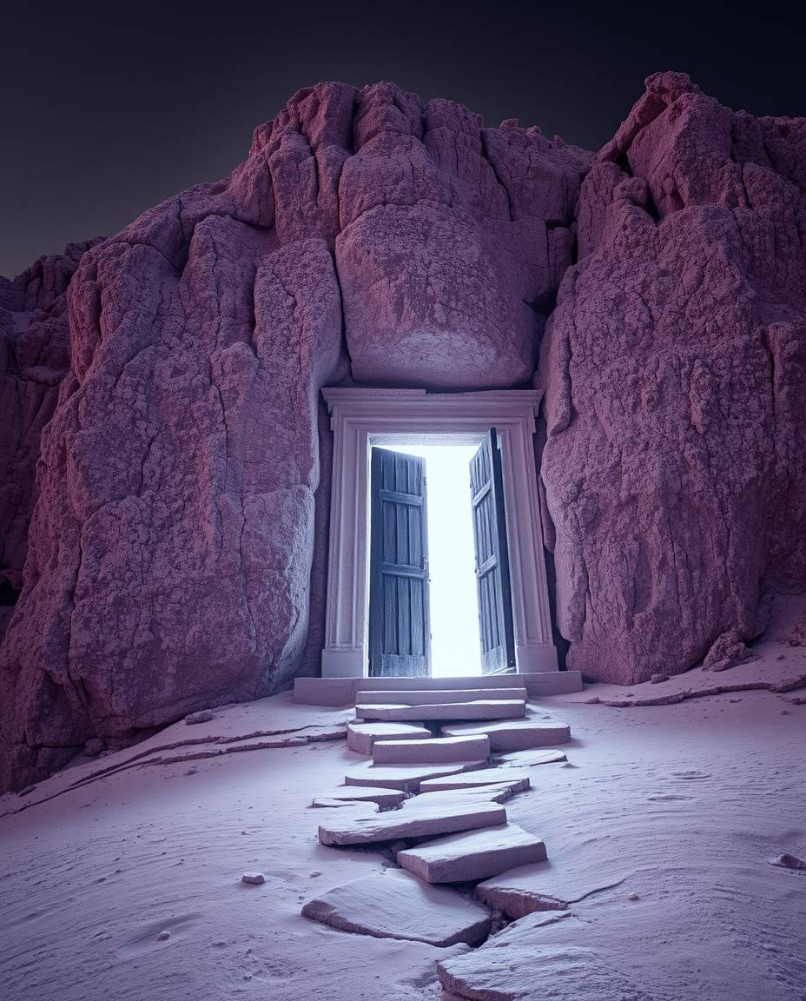 An ancient doorway glowing with runes, seemingly carved into the side of a mountain, is captured in stunning long exposure in