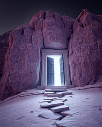 An ancient doorway glowing with runes, seemingly carved into the side of a mountain, is captured in stunning long exposure in