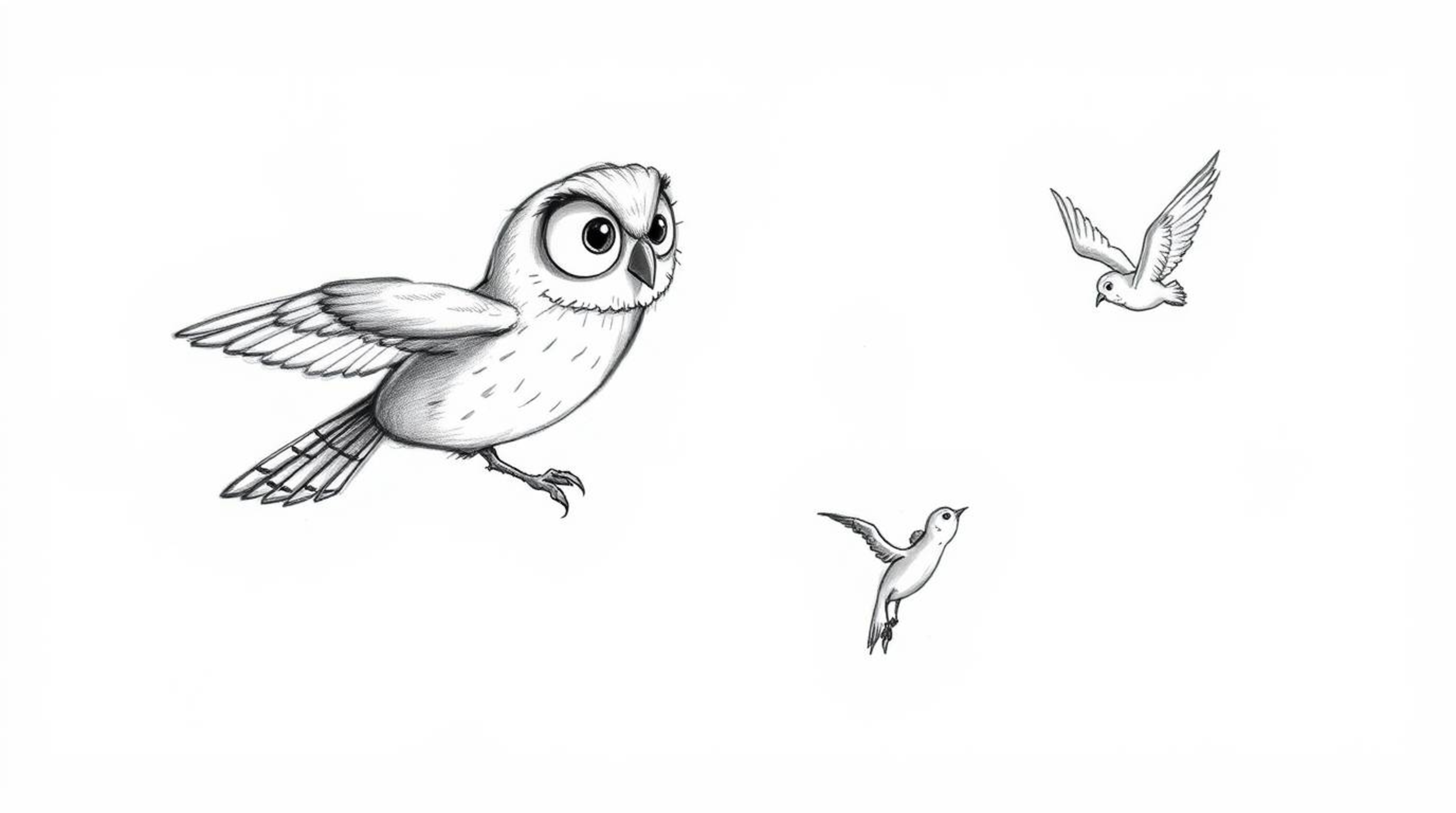 A heartwarming hand-drawn sketch in the style of Pixar depicts a blind owl mid-flight, selflessly teaching a flock of small, 