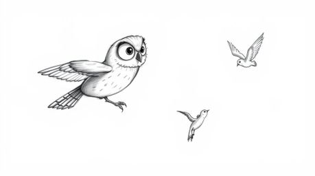A heartwarming hand-drawn sketch in the style of Pixar depicts a blind owl mid-flight, selflessly teaching a flock of small, 