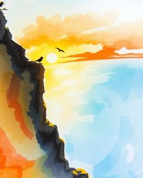 An extreme macro close-up watercolor painting captures a sunset over a coastal cliff, featuring delicate, translucent washes 