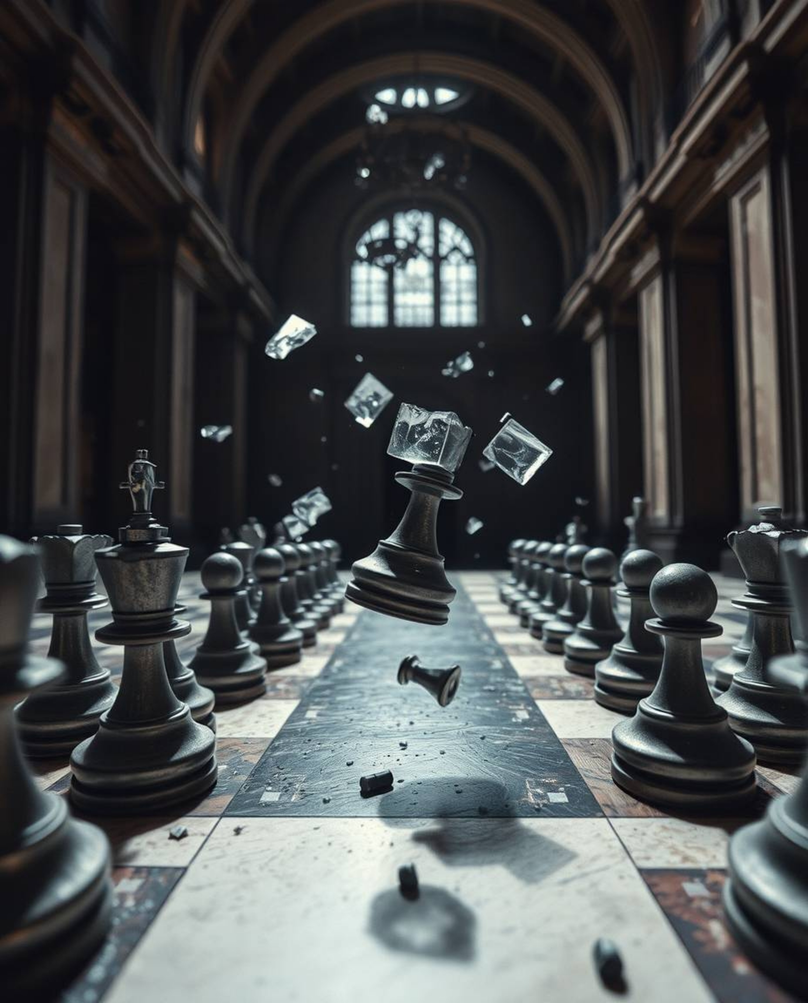 A captivating wide-angle architectural photograph showcases a chessboard in a state of dynamic destruction, with chess pieces