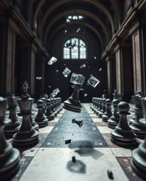 A captivating wide-angle architectural photograph showcases a chessboard in a state of dynamic destruction, with chess pieces