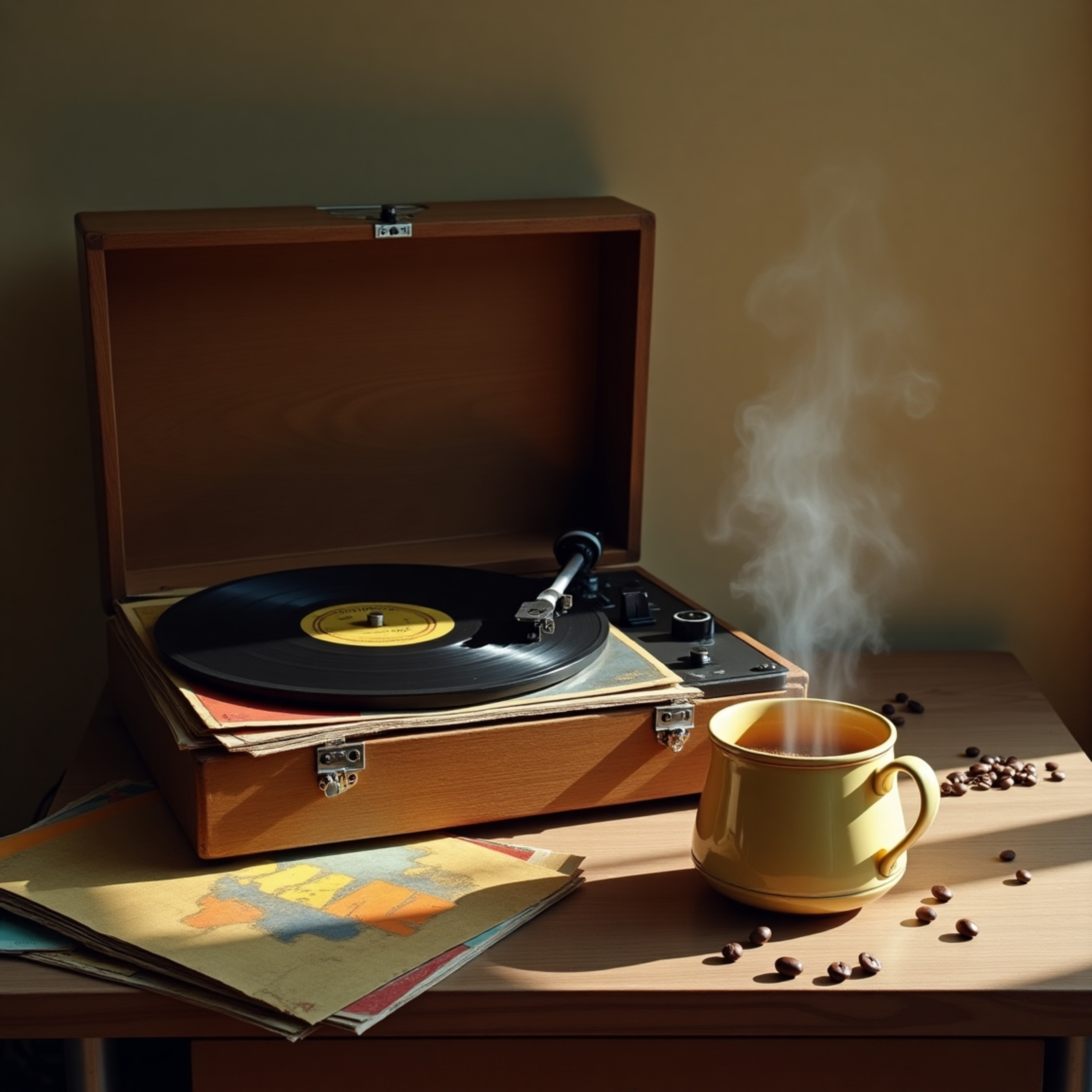 A captivating scene featuring a worn, wooden record player nestled amongst a stack of vintage vinyl records. The partially li