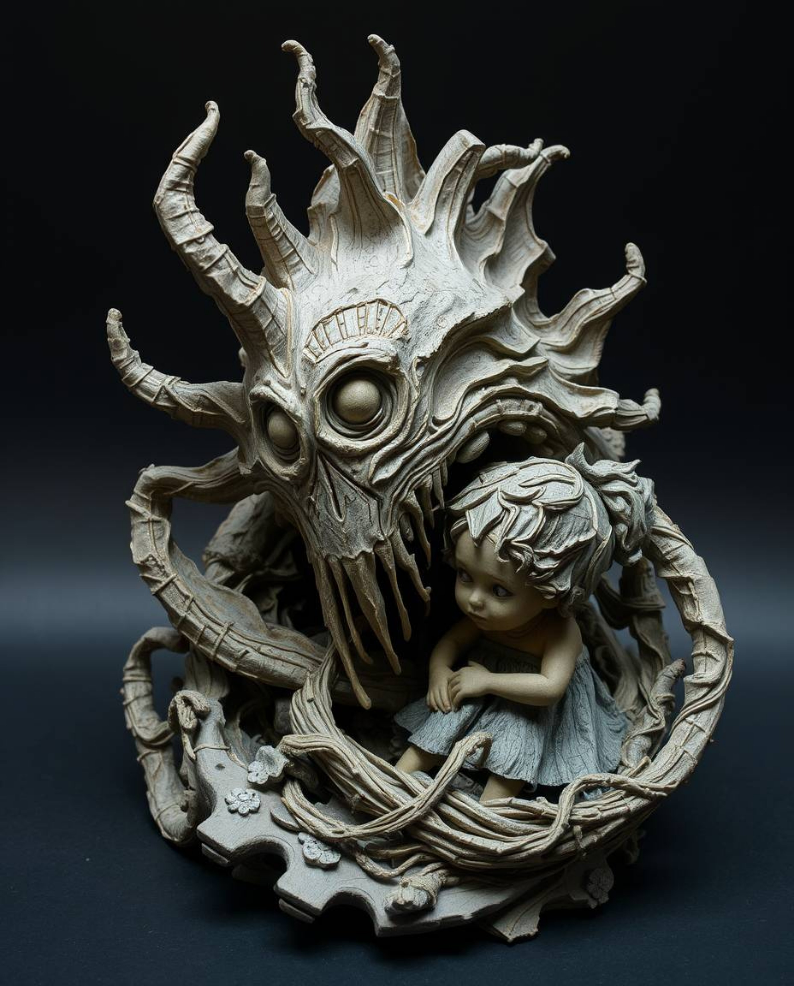 This layered papier-mâché sculpture depicts a unique and unsettling scene of a sea creature befriending a human child.  The t