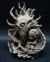 This layered papier-mâché sculpture depicts a unique and unsettling scene of a sea creature befriending a human child.  The t