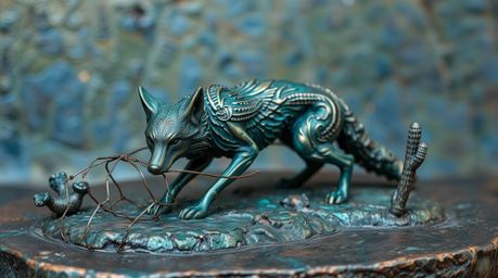 A cast bronze coyote, rendered in a cool color palette of blues, greens, and purples, is captured in a desert setting, meticu