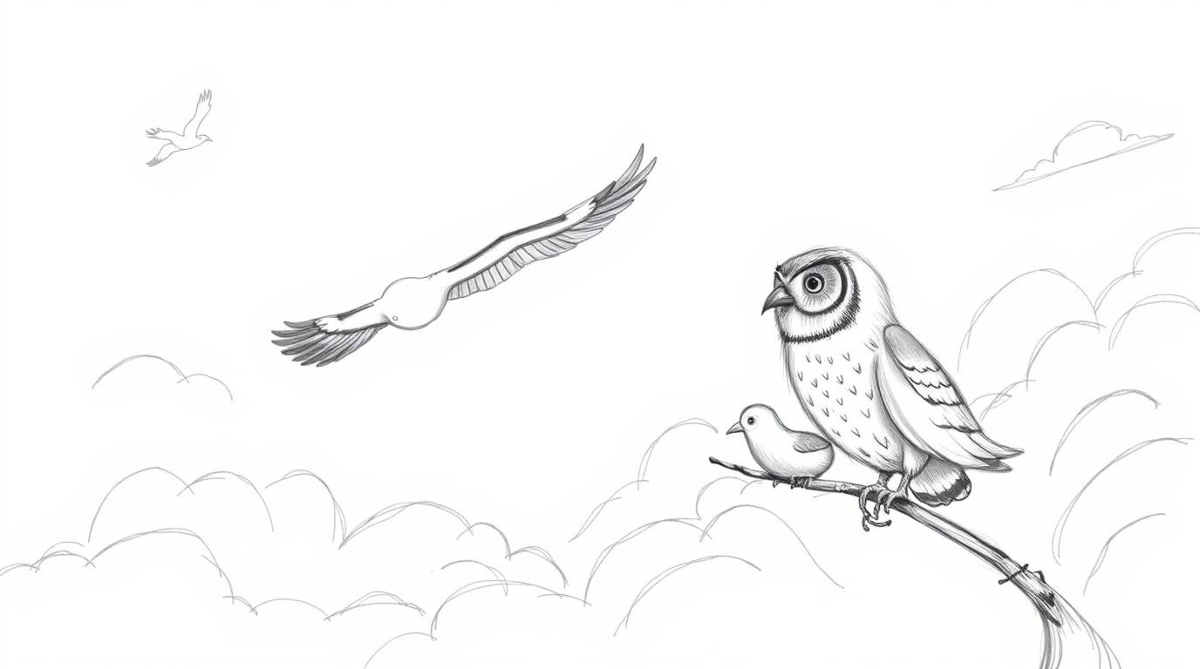 This is a hand-drawn sketch of a blind owl, rendered in the beloved style of Pixar. The wise owl is depicted teaching a group