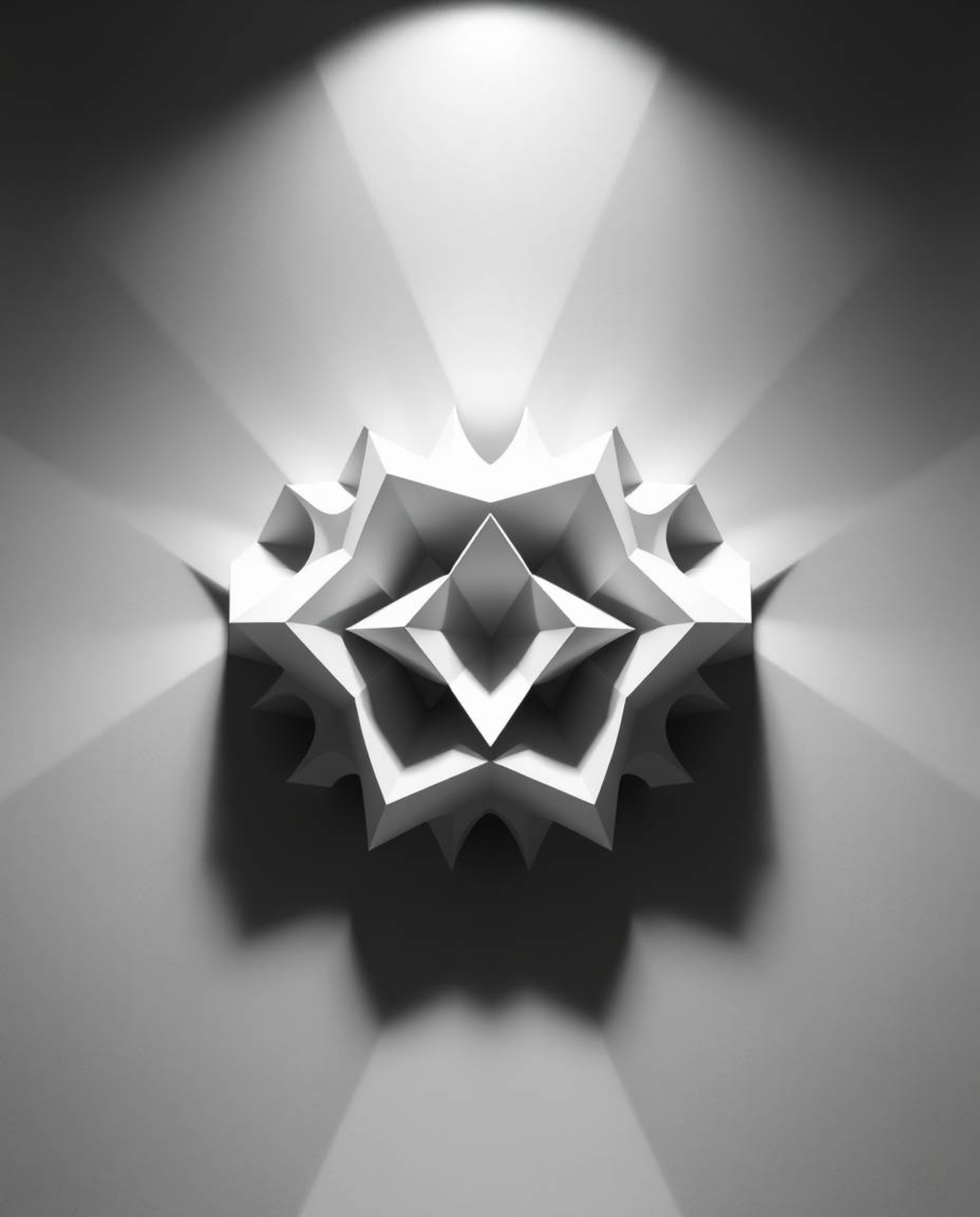 This classic black and white image showcases a stunning 3D geometric pattern reminiscent of folded paper, rendered in monochr