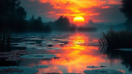 A captivating image showcases a rich, deep teal artistic rendering of a calm pond reflecting a colorful sunset.  The artwork 