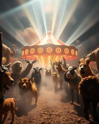 Imagine a delightful carnival, unexpectedly overrun by wild animals, captured with stunning volumetric lighting that paints t