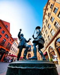 This captivating low-angle shot showcases a cast bronze sculpture depicting a vibrant musical number in a bright town square.