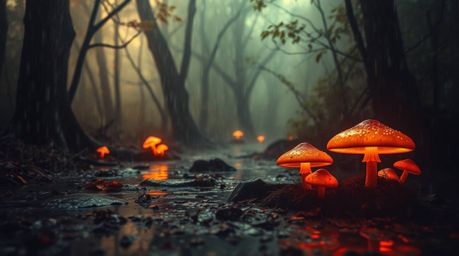 Immerse yourself in a dreamy, wet rainy scene depicting a vintage-style enchanted forest, where glowing mushrooms illuminate 