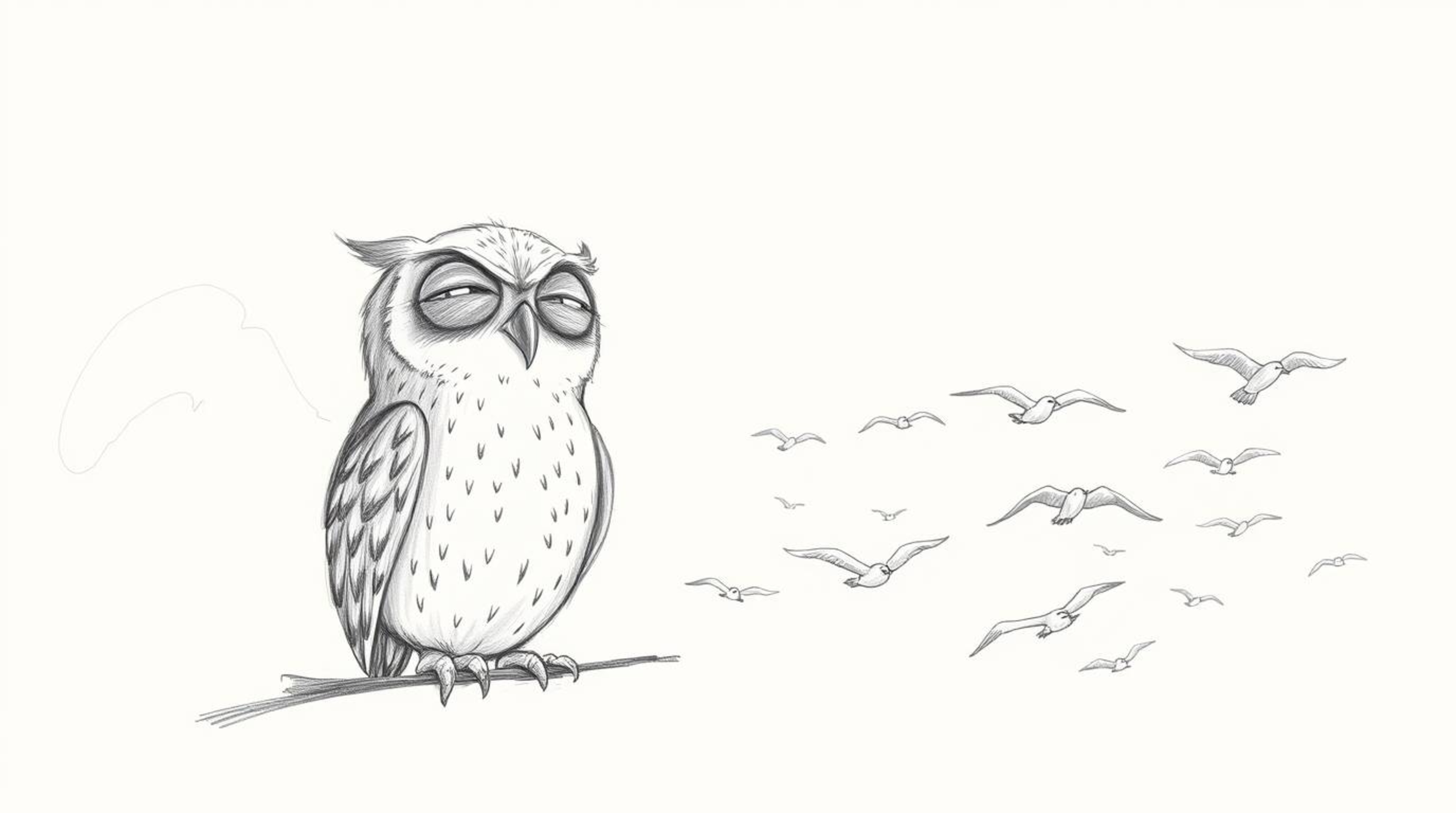 A heartwarming hand-drawn pencil sketch in the style of Pixar depicts a blind owl with a serene expression, lovingly guiding 