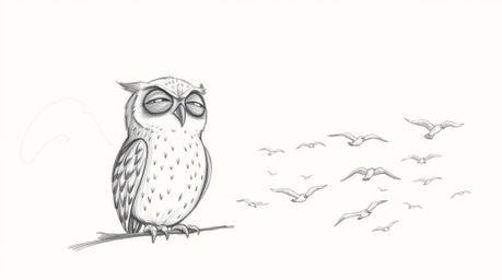 A heartwarming hand-drawn pencil sketch in the style of Pixar depicts a blind owl with a serene expression, lovingly guiding 