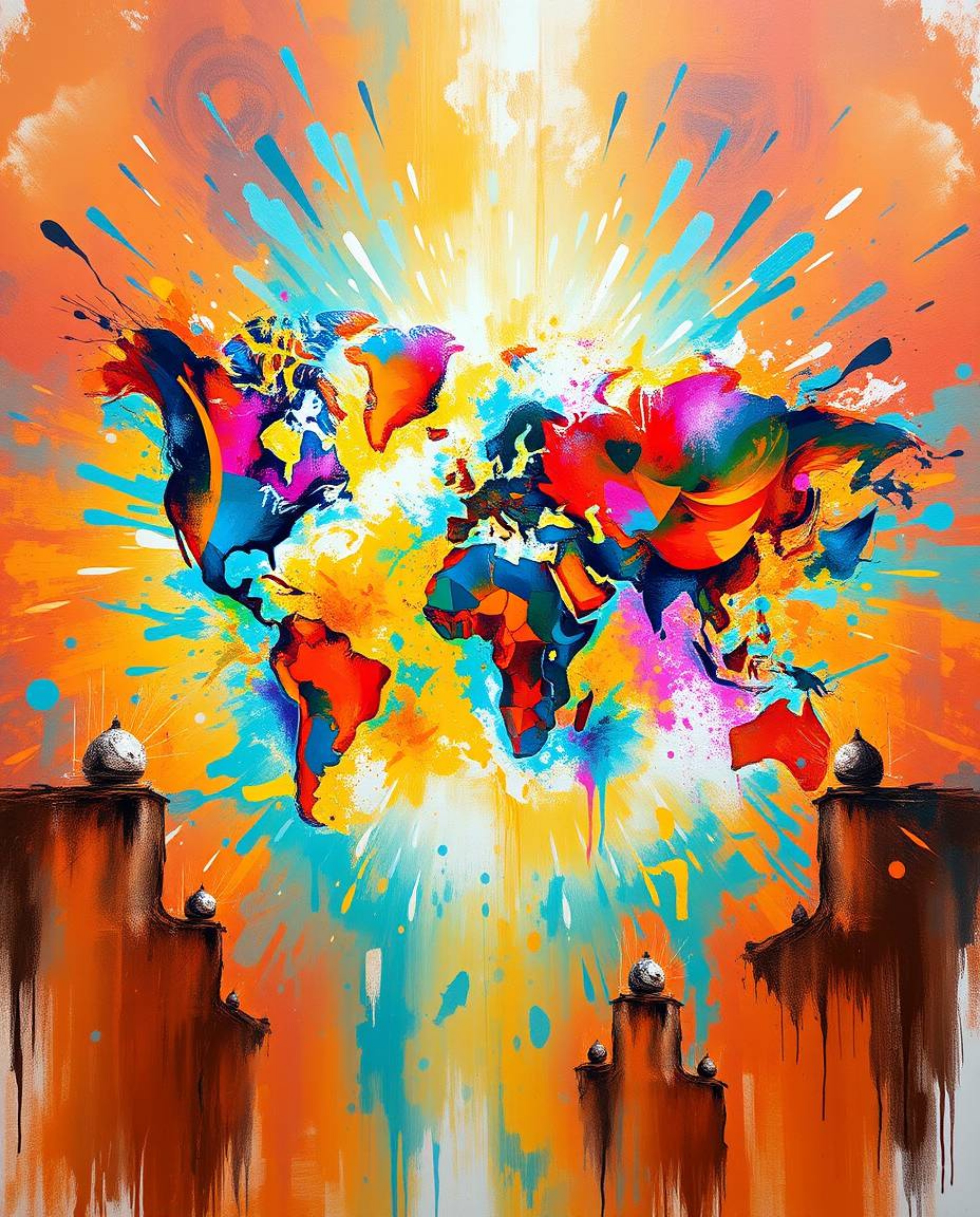 This bold acrylic painting presents a grand and epic world map created from vibrant colorful splashes. The modern and futuris