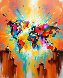 This bold acrylic painting presents a grand and epic world map created from vibrant colorful splashes. The modern and futuris