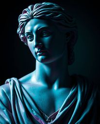 A stunning classical sculpture, digitally enhanced with a captivating colorful glitch effect.  The artwork showcases dramatic