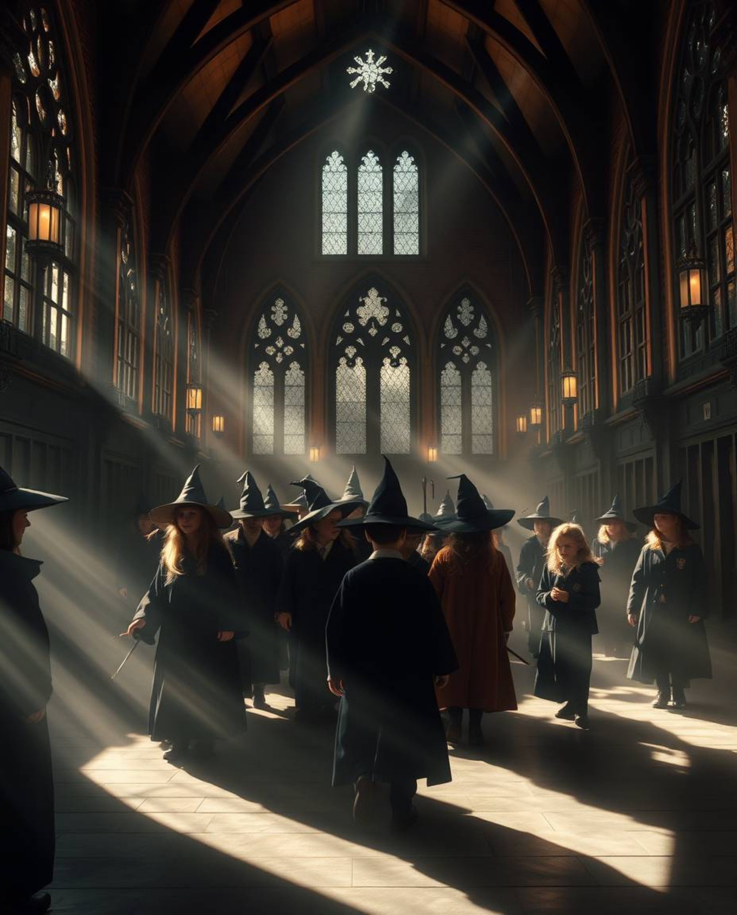 Discover a captivating image of a magical school brimming with young wizards.  Bathed in soft, dreamy light and accented by d