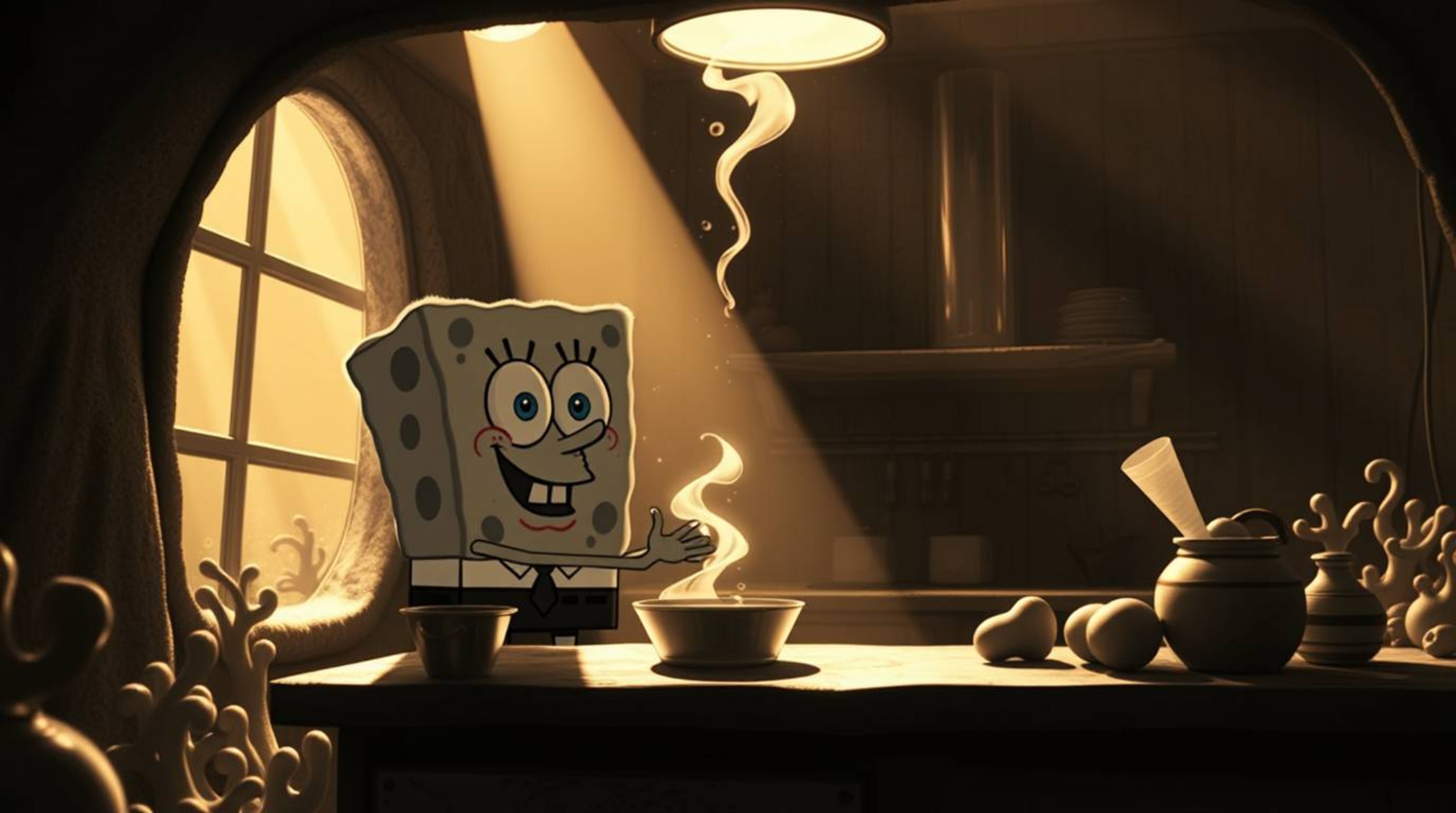A timeless black and white image showcases a charming sponge character diligently cooking in a whimsical underwater kitchen. 