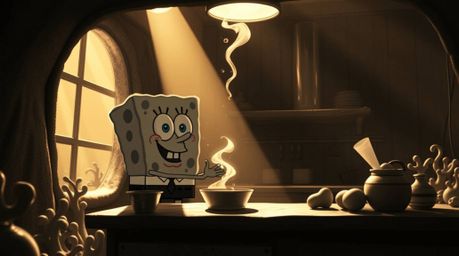 A timeless black and white image showcases a charming sponge character diligently cooking in a whimsical underwater kitchen. 