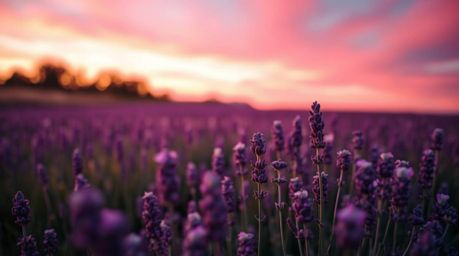 A captivating photograph of a lavender field bathed in the warm hues of autumn, glowing under a dreamy pink sunset sky. The i