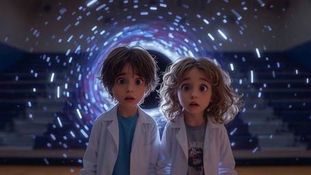 A vibrant, cinematic photograph of two enthusiastic science fair contestants, resembling Pixar characters, standing amidst th