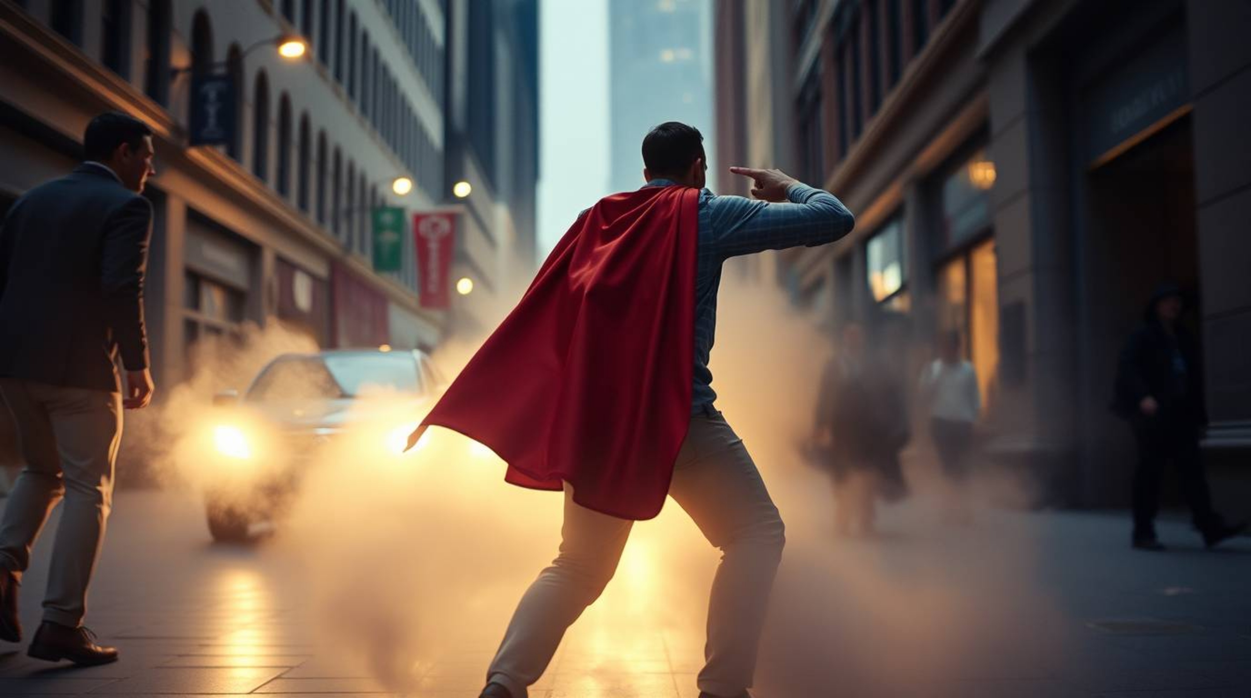 Capture the spontaneous action of a superhero in a candid street photograph.  This image showcases a caped superhero battling