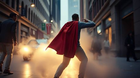 Capture the spontaneous action of a superhero in a candid street photograph.  This image showcases a caped superhero battling