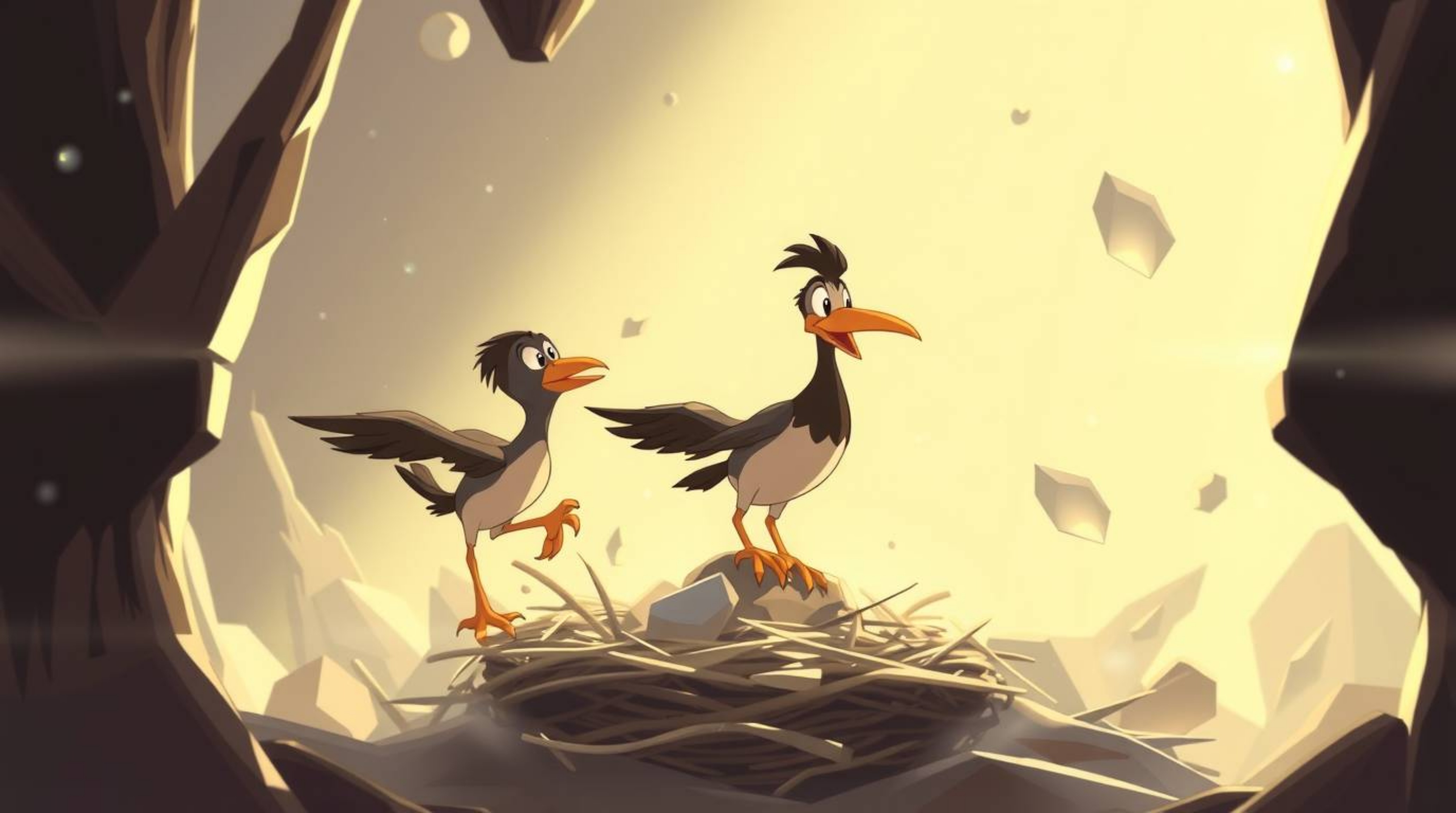 Witness a grand, epic scene of two cartoon birds diligently constructing their nest. This classic animation features bold ou