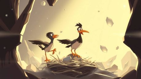 Witness a grand, epic scene of two cartoon birds diligently constructing their nest. This classic animation features bold ou