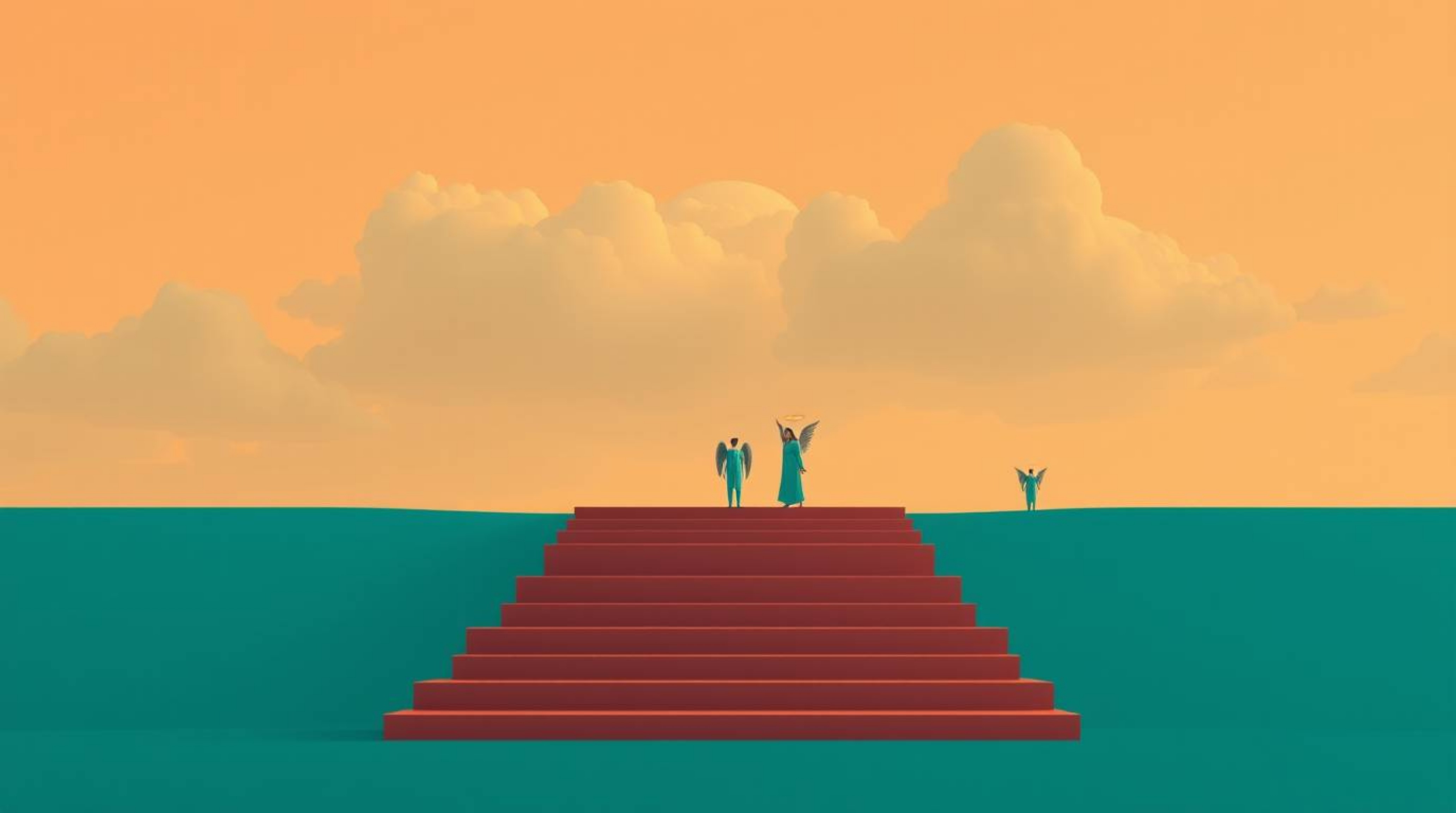 A modern flat design artwork featuring warm terracotta and cool teal steps of light ascending into a cloudy sky. Angelic figu