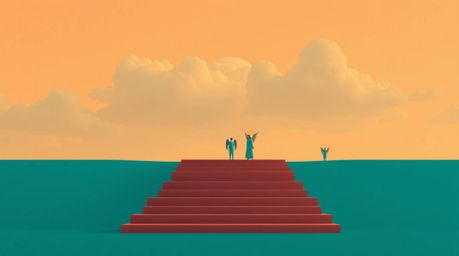 A modern flat design artwork featuring warm terracotta and cool teal steps of light ascending into a cloudy sky. Angelic figu