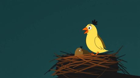 A charming animation depicting two cartoon birds diligently constructing a nest. Rendered in a classic animation style with