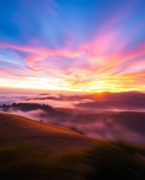 Long exposure photography of a vibrant sunset over misty Tuscan hills. Bright colors, motion blur, light trails. Lively, ener