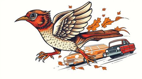 This traditional tattoo art print features a fast-running bird, rendered with intricate details and warm autumn colors, zoomi