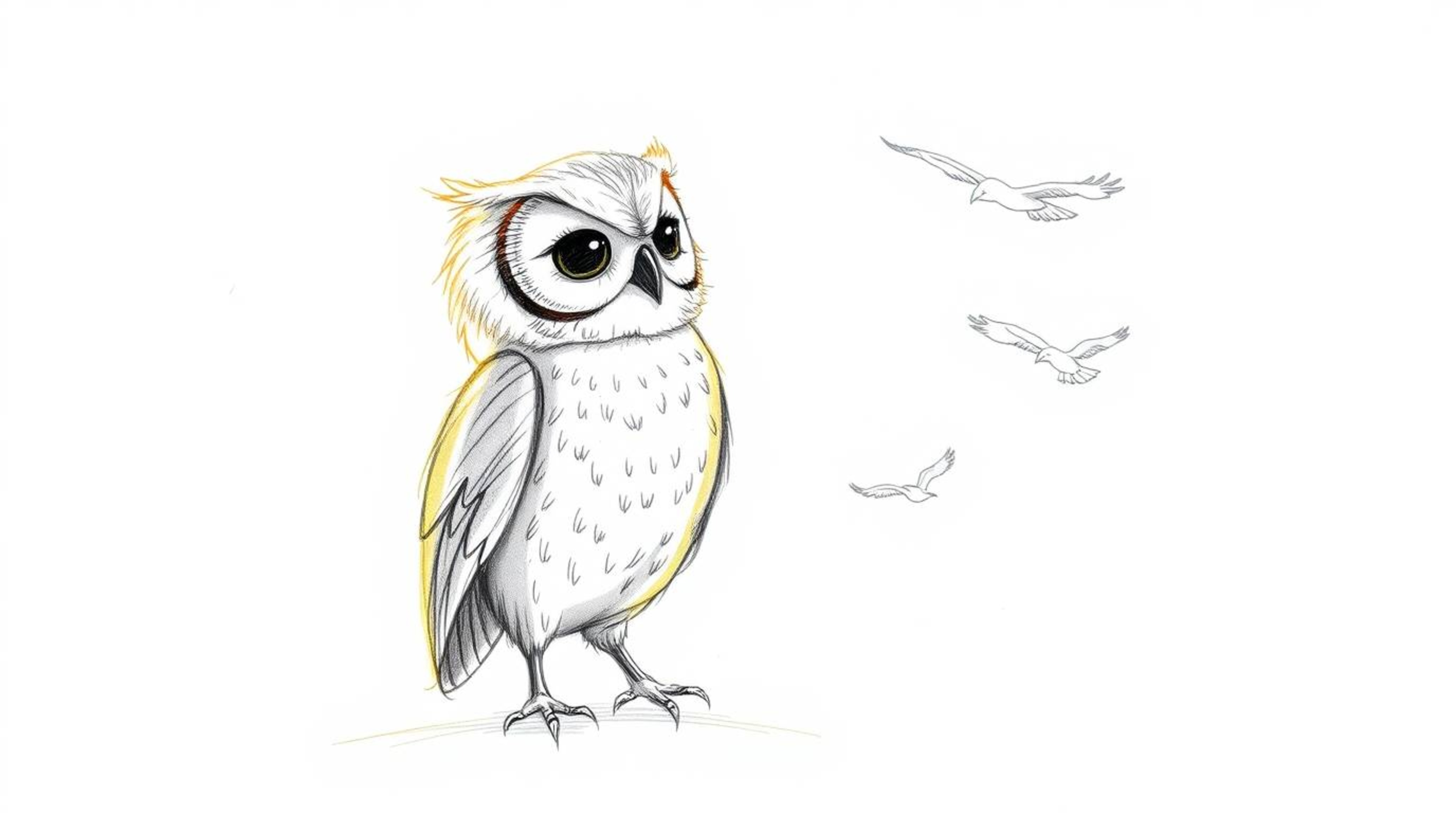 A heartwarming hand-drawn sketch in the style of Pixar portrays a blind owl, rendered with textured pencil strokes and rough 