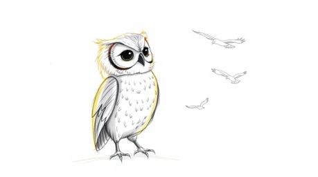 A heartwarming hand-drawn sketch in the style of Pixar portrays a blind owl, rendered with textured pencil strokes and rough 