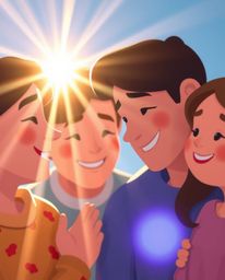 A heartwarming image depicting a family reunion in a bright, Pixar-inspired style. The modern flat design incorporates a tigh