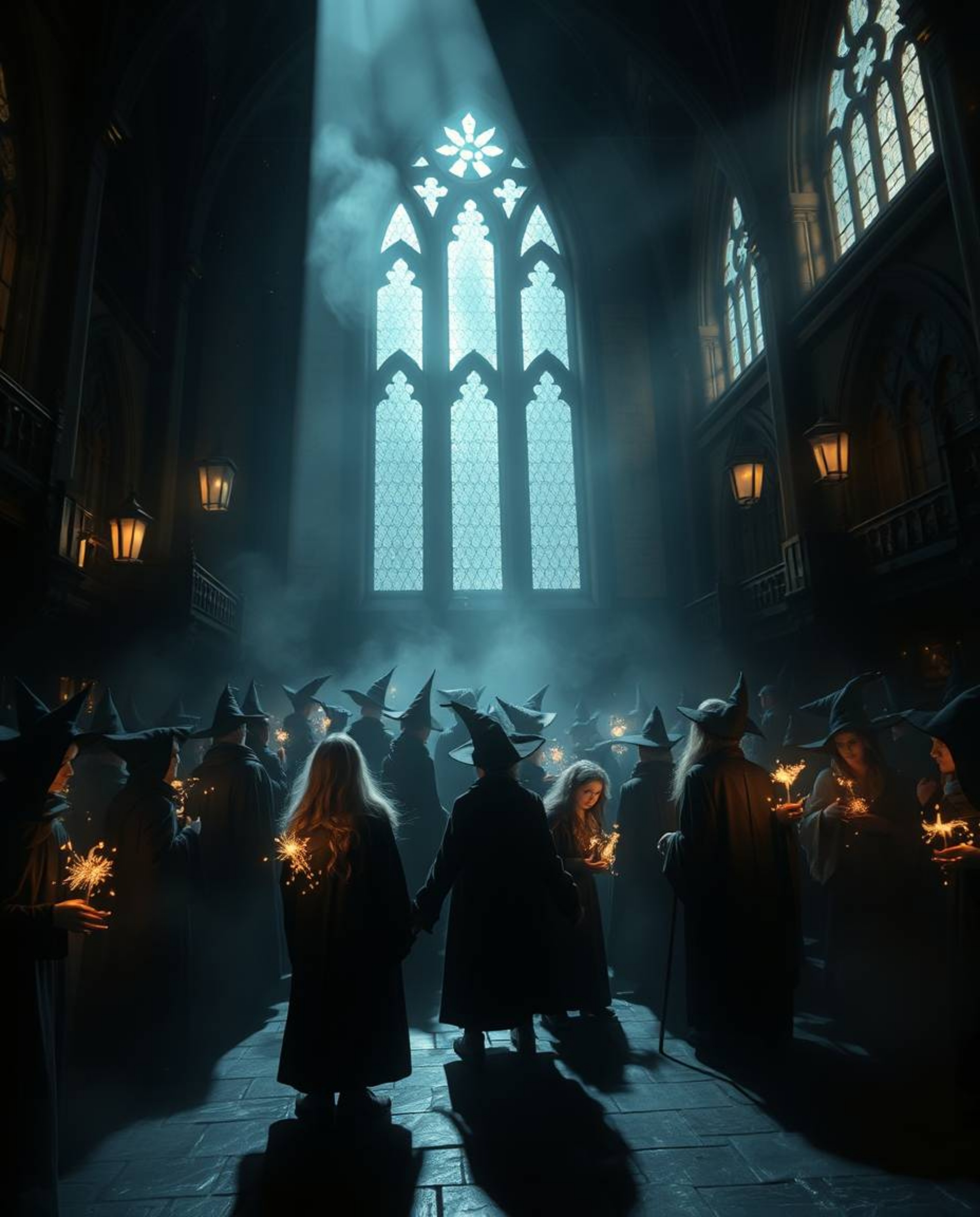 Experience an ethereal and spiritual ambiance within a magical school brimming with young wizards, depicted through high cont