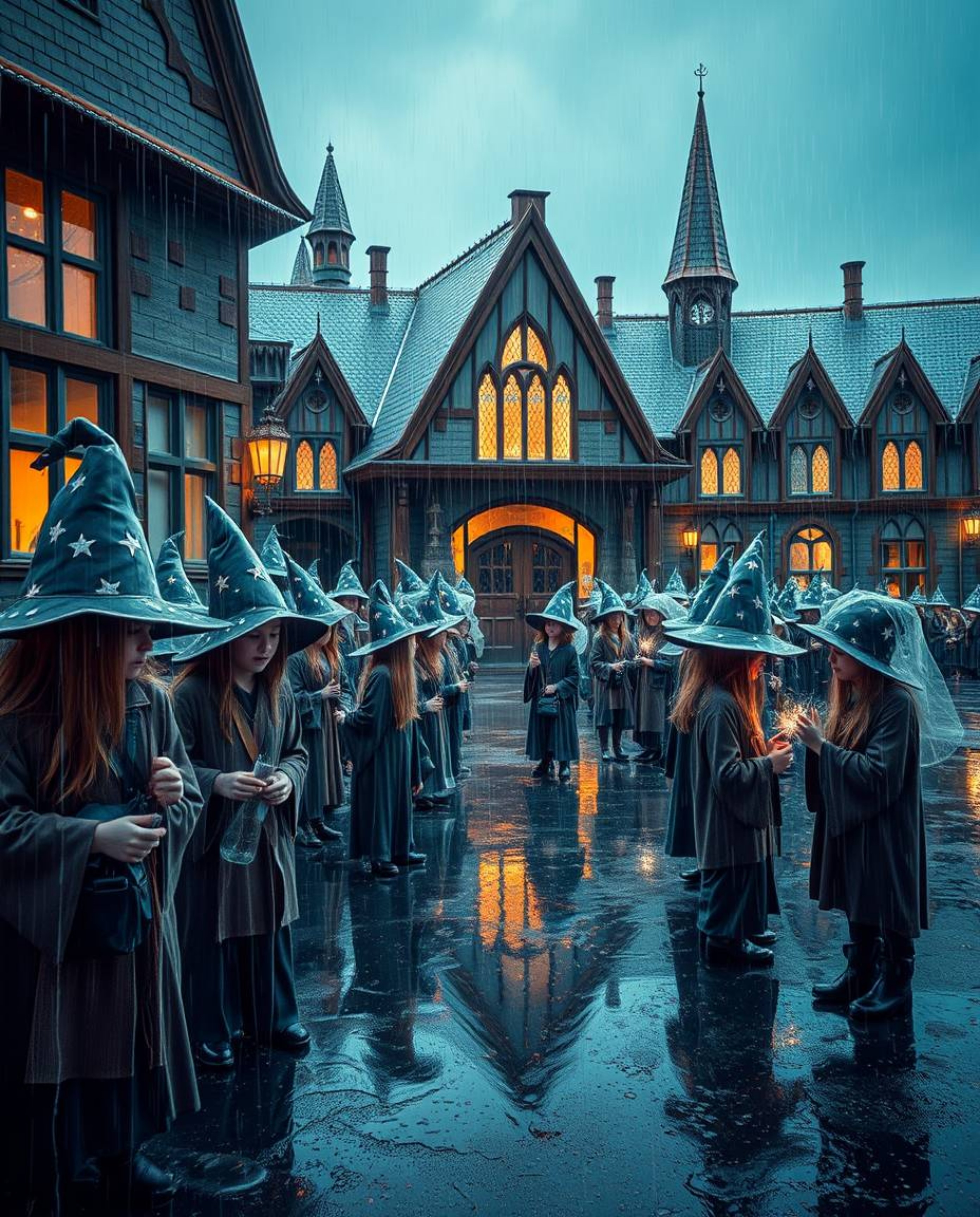 Discover a captivating surreal artwork depicting a magical school brimming with young wizards. Rendered in infrared tones, t